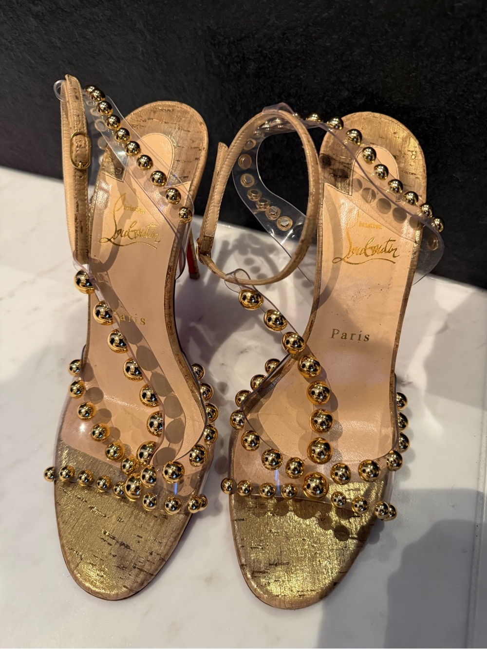 Christian Louboutin Gold Studded Clear-Strap Heels
